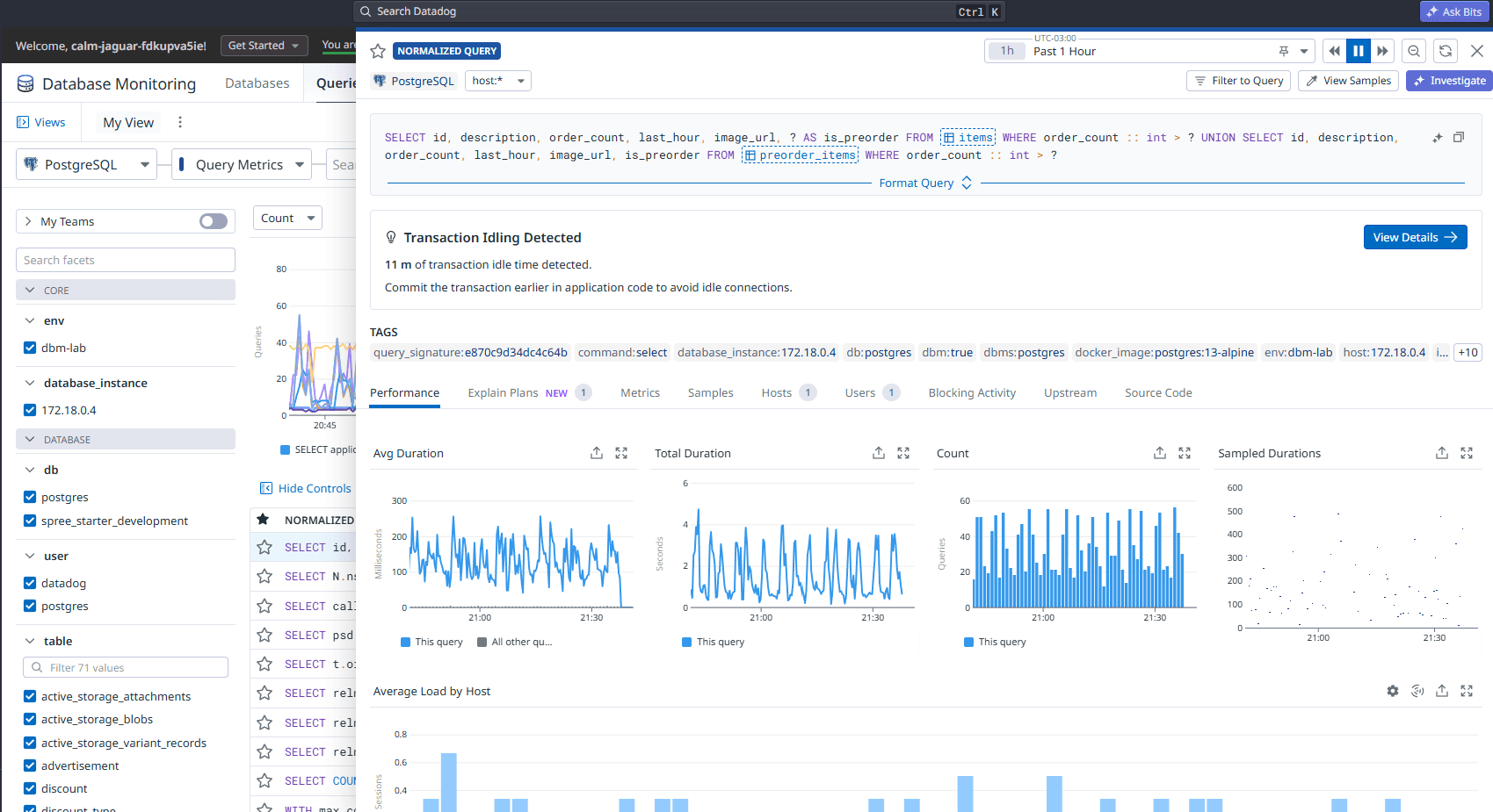 Painel de uma query normalizada no Datadog com gráficos de performance e tags da consulta