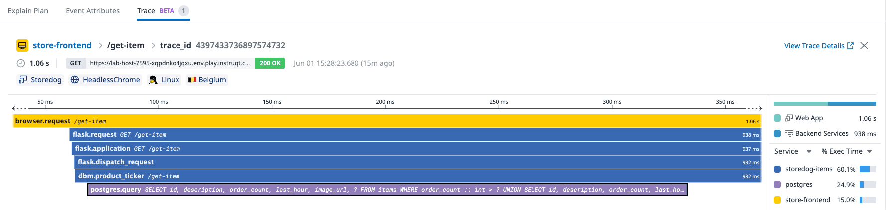 Trace do APM mostrando a rota GET /get-item e uma chamada postgres.query dentro do flame graph